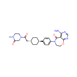 CN1CCN(C(=O)C[C@H]2CC[C@H](c3ccc(N4CCOc5ncnc(N)c5C4=O)cc3)CC2)CC1=O ZINC000261135462