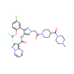 CN1CCN(C(=O)C2CCN(C(=O)Cn3cc(NC(=O)c4cnn5cccnc45)c(-c4cc(Cl)ccc4OC(F)F)n3)CC2)CC1 ZINC001772649048