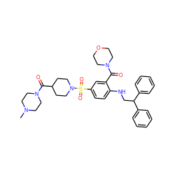 CN1CCN(C(=O)C2CCN(S(=O)(=O)c3ccc(NCC(c4ccccc4)c4ccccc4)c(C(=O)N4CCOCC4)c3)CC2)CC1 ZINC000028362379