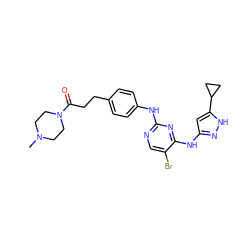 CN1CCN(C(=O)CCc2ccc(Nc3ncc(Br)c(Nc4cc(C5CC5)[nH]n4)n3)cc2)CC1 ZINC000035822171