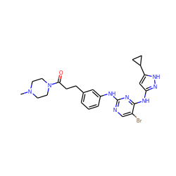 CN1CCN(C(=O)CCc2cccc(Nc3ncc(Br)c(Nc4cc(C5CC5)[nH]n4)n3)c2)CC1 ZINC000203005822