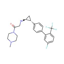 CN1CCN(C(=O)CN[C@H]2C[C@@H]2c2ccc(-c3cc(F)ccc3C(F)(F)F)cc2)CC1 ZINC000073240807