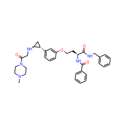 CN1CCN(C(=O)CN[C@H]2C[C@@H]2c2cccc(OCC[C@H](NC(=O)c3ccccc3)C(=O)NCc3ccccc3)c2)CC1 ZINC000653757415