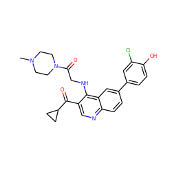 CN1CCN(C(=O)CNc2c(C(=O)C3CC3)cnc3ccc(-c4ccc(O)c(Cl)c4)cc23)CC1 ZINC000114036776