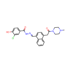 CN1CCN(C(=O)Cc2ccc(/C=N/NC(=O)c3ccc(O)c(Cl)c3)c3ccccc23)CC1 ZINC000013492713