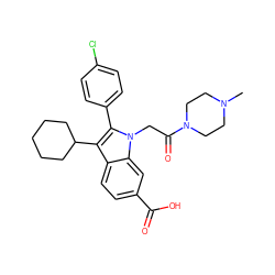 CN1CCN(C(=O)Cn2c(-c3ccc(Cl)cc3)c(C3CCCCC3)c3ccc(C(=O)O)cc32)CC1 ZINC000013646597