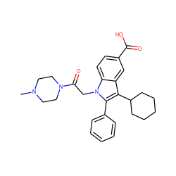 CN1CCN(C(=O)Cn2c(-c3ccccc3)c(C3CCCCC3)c3cc(C(=O)O)ccc32)CC1 ZINC000013646620