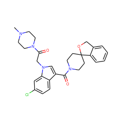 CN1CCN(C(=O)Cn2cc(C(=O)N3CCC4(CC3)OCc3ccccc34)c3ccc(Cl)cc32)CC1 ZINC000140265482