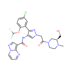 CN1CCN(C(=O)Cn2cc(NC(=O)c3cnn4cccnc34)c(-c3cc(Cl)ccc3OC(F)F)n2)C[C@H]1CO ZINC001772600957