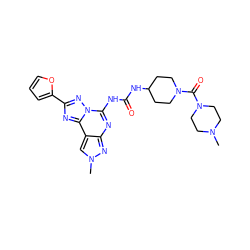 CN1CCN(C(=O)N2CCC(NC(=O)Nc3nc4nn(C)cc4c4nc(-c5ccco5)nn34)CC2)CC1 ZINC000084671786