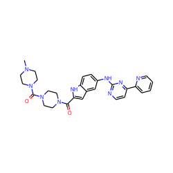 CN1CCN(C(=O)N2CCN(C(=O)c3cc4cc(Nc5nccc(-c6ccccn6)n5)ccc4[nH]3)CC2)CC1 ZINC000144210093