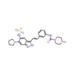 CN1CCN(C(=O)Nc2cccc(/C=C/c3[nH]nc4cc(N5CCCC5)c(NS(C)(=O)=O)cc34)c2)CC1 ZINC000049069347