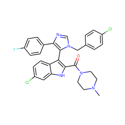 CN1CCN(C(=O)c2[nH]c3cc(Cl)ccc3c2-c2c(-c3ccc(F)cc3)ncn2Cc2ccc(Cl)cc2)CC1 ZINC001772638006