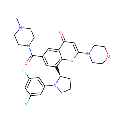 CN1CCN(C(=O)c2cc([C@H]3CCCN3c3cc(F)cc(F)c3)c3oc(N4CCOCC4)cc(=O)c3c2)CC1 ZINC000219119897