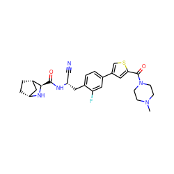 CN1CCN(C(=O)c2cc(-c3ccc(C[C@@H](C#N)NC(=O)[C@H]4N[C@@H]5CC[C@H]4C5)c(F)c3)cs2)CC1 ZINC000220833616