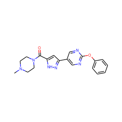 CN1CCN(C(=O)c2cc(-c3cnc(Oc4ccccc4)nc3)n[nH]2)CC1 ZINC000118614860