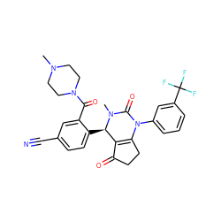 CN1CCN(C(=O)c2cc(C#N)ccc2[C@@H]2C3=C(CCC3=O)N(c3cccc(C(F)(F)F)c3)C(=O)N2C)CC1 ZINC001772593515