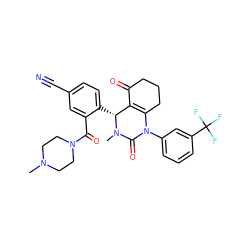 CN1CCN(C(=O)c2cc(C#N)ccc2[C@@H]2C3=C(CCCC3=O)N(c3cccc(C(F)(F)F)c3)C(=O)N2C)CC1 ZINC001772652150