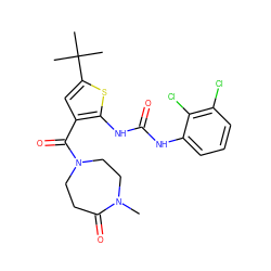 CN1CCN(C(=O)c2cc(C(C)(C)C)sc2NC(=O)Nc2cccc(Cl)c2Cl)CCC1=O ZINC000073200565