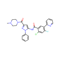 CN1CCN(C(=O)c2cc(NC(=O)c3cc(-c4ccccn4)c(F)cc3Cl)n(-c3ccccc3)n2)CC1 ZINC001772583161