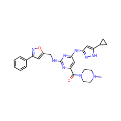 CN1CCN(C(=O)c2cc(Nc3cc(C4CC4)[nH]n3)nc(NCc3cc(-c4ccccc4)no3)n2)CC1 ZINC000203007333