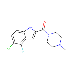 CN1CCN(C(=O)c2cc3c(F)c(Cl)ccc3[nH]2)CC1 ZINC000084653381