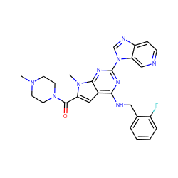 CN1CCN(C(=O)c2cc3c(NCc4ccccc4F)nc(-n4cnc5ccncc54)nc3n2C)CC1 ZINC000028822420