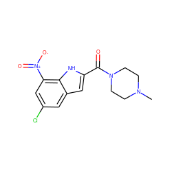 CN1CCN(C(=O)c2cc3cc(Cl)cc([N+](=O)[O-])c3[nH]2)CC1 ZINC000084670208