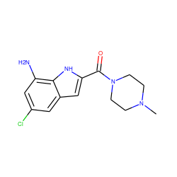 CN1CCN(C(=O)c2cc3cc(Cl)cc(N)c3[nH]2)CC1 ZINC000084671024