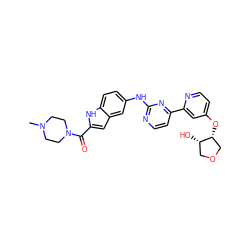 CN1CCN(C(=O)c2cc3cc(Nc4nccc(-c5cc(O[C@@H]6COC[C@@H]6O)ccn5)n4)ccc3[nH]2)CC1 ZINC000145292808