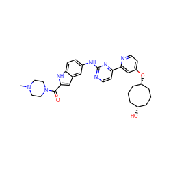 CN1CCN(C(=O)c2cc3cc(Nc4nccc(-c5cc(O[C@H]6CCC[C@@H](O)CCC6)ccn5)n4)ccc3[nH]2)CC1 ZINC000261082532