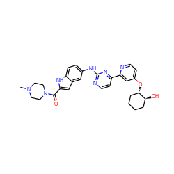 CN1CCN(C(=O)c2cc3cc(Nc4nccc(-c5cc(O[C@H]6CCCC[C@@H]6O)ccn5)n4)ccc3[nH]2)CC1 ZINC000142939952