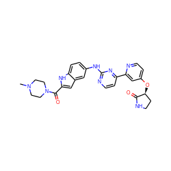 CN1CCN(C(=O)c2cc3cc(Nc4nccc(-c5cc(O[C@H]6CCNC6=O)ccn5)n4)ccc3[nH]2)CC1 ZINC000144287979