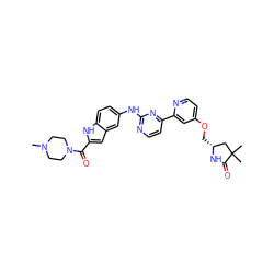 CN1CCN(C(=O)c2cc3cc(Nc4nccc(-c5cc(OC[C@@H]6CC(C)(C)C(=O)N6)ccn5)n4)ccc3[nH]2)CC1 ZINC000144198739