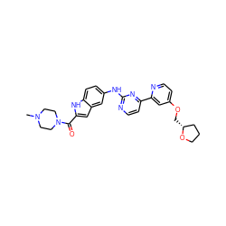 CN1CCN(C(=O)c2cc3cc(Nc4nccc(-c5cc(OC[C@@H]6CCCO6)ccn5)n4)ccc3[nH]2)CC1 ZINC000144195398