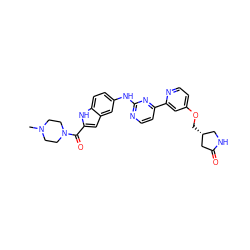 CN1CCN(C(=O)c2cc3cc(Nc4nccc(-c5cc(OC[C@@H]6CNC(=O)C6)ccn5)n4)ccc3[nH]2)CC1 ZINC000144199177