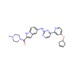 CN1CCN(C(=O)c2cc3cc(Nc4nccc(-c5cc(OC6CC=CC6)ccn5)n4)ccc3[nH]2)CC1 ZINC000144217108