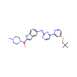 CN1CCN(C(=O)c2cc3cc(Nc4nccc(-c5cc(OCC(C)(C)C)ccn5)n4)ccc3[nH]2)CC1 ZINC000144184866