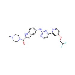 CN1CCN(C(=O)c2cc3cc(Nc4nccc(-c5cc(OCC(F)F)ccn5)n4)ccc3[nH]2)CC1 ZINC000169703393