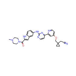 CN1CCN(C(=O)c2cc3cc(Nc4nccc(-c5cc(OCC6(CC#N)CC6)ccn5)n4)ccc3[nH]2)CC1 ZINC000145333041