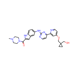 CN1CCN(C(=O)c2cc3cc(Nc4nccc(-c5cc(OCC6(CO)CC6)ccn5)n4)ccc3[nH]2)CC1 ZINC000144204070