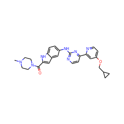 CN1CCN(C(=O)c2cc3cc(Nc4nccc(-c5cc(OCC6CC6)ccn5)n4)ccc3[nH]2)CC1 ZINC000144254179