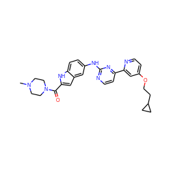 CN1CCN(C(=O)c2cc3cc(Nc4nccc(-c5cc(OCCC6CC6)ccn5)n4)ccc3[nH]2)CC1 ZINC000144228158