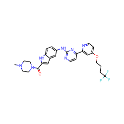 CN1CCN(C(=O)c2cc3cc(Nc4nccc(-c5cc(OCCCC(F)(F)F)ccn5)n4)ccc3[nH]2)CC1 ZINC000145316374