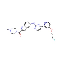 CN1CCN(C(=O)c2cc3cc(Nc4nccc(-c5cc(OCCCF)ccn5)n4)ccc3[nH]2)CC1 ZINC000145296966