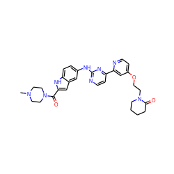 CN1CCN(C(=O)c2cc3cc(Nc4nccc(-c5cc(OCCN6CCCCC6=O)ccn5)n4)ccc3[nH]2)CC1 ZINC000144199807