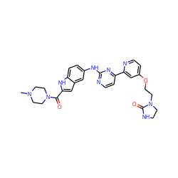 CN1CCN(C(=O)c2cc3cc(Nc4nccc(-c5cc(OCCN6CCNC6=O)ccn5)n4)ccc3[nH]2)CC1 ZINC000144198277