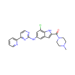 CN1CCN(C(=O)c2cc3cc(Nc4nccc(-c5ccccn5)n4)cc(Cl)c3[nH]2)CC1 ZINC000144240094