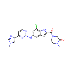 CN1CCN(C(=O)c2cc3cc(Nc4nccc(-c5cn(C)cn5)n4)cc(Cl)c3[nH]2)CC1=O ZINC000222324029