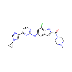 CN1CCN(C(=O)c2cc3cc(Nc4nccc(-c5cn(C6CC6)cn5)n4)cc(Cl)c3[nH]2)CC1 ZINC000205651111